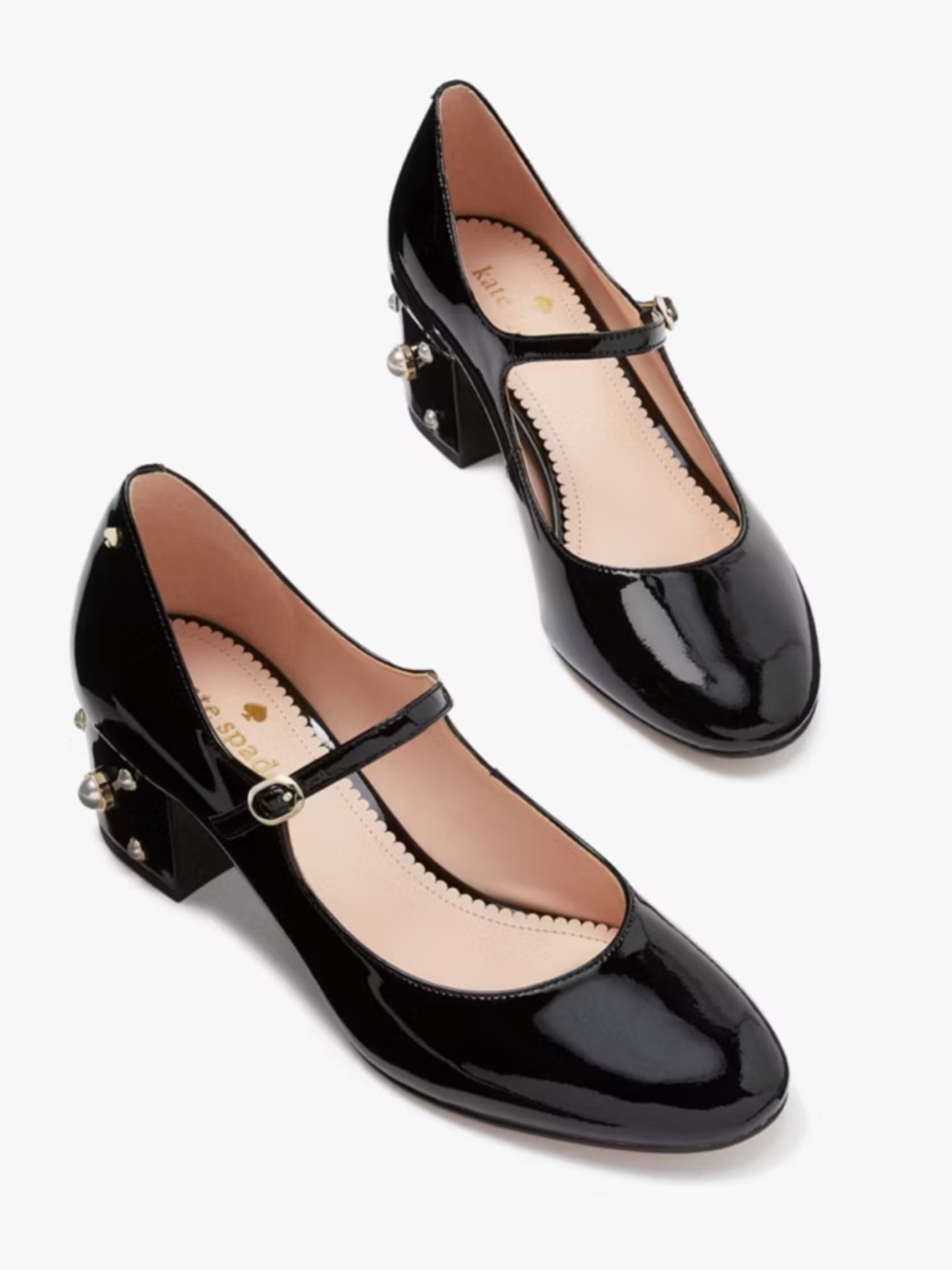 KATE SPADE Miranda Pumps Black Mary Jane Patent Leather Block Heel Pearl Studs 8